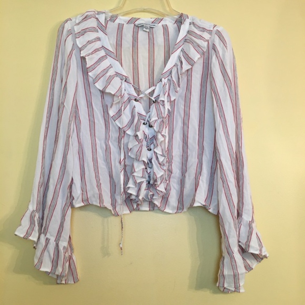 America Eagle Striped Ruffle Crop Top Tie Front S